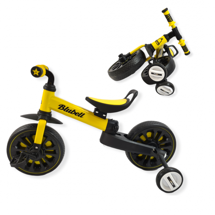 Rowerek biegowy dwukołowy plus koła pomocnicze 4 w 1 składany 110 żółty + KIJ