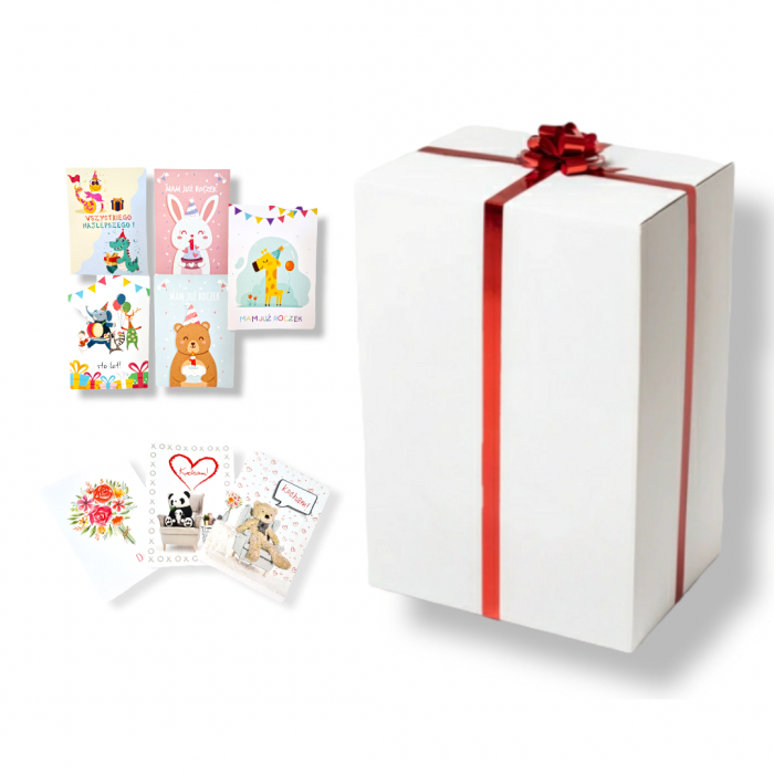 Pakowanie prezentowe MISIA XXL - białe pudełko, wstążka, kokardka, kartka okolicznościowa